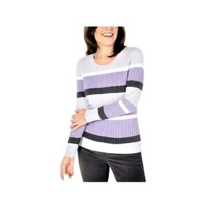 NEW Karen Scott Gray Purple Striped Colorblock Cable Knit Sweater Size XL Petite